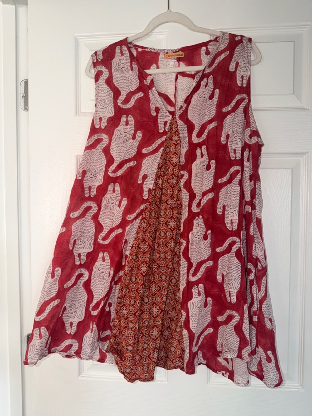 Sleeveless Printed Red & White A-Line Tunic Top